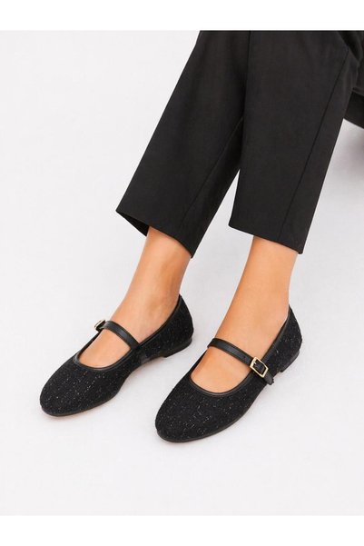 ModaMert Black Buckle Tweed Fabric Women's Ballerinas Daily Comfortable Stylish Useful Ballerinas