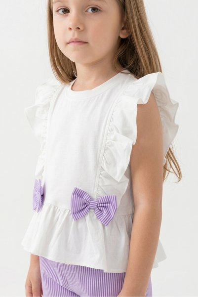 Womi Kids Girl's 2-Piece Set with Ruffled Sleeves, Bow, and Striped Fabric Shorts