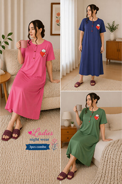 LINELLE Graphic Print Nightwear Maxi Dress 3 Pcs Combo Set, Blue, Pink & Green