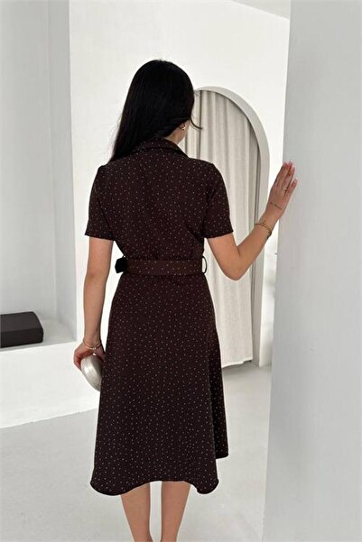 Neşeli Butik Γυναικείο καφέ κοντομάνικο φόρεμα με πέτρινες λεπτομέρειες, μήκο...