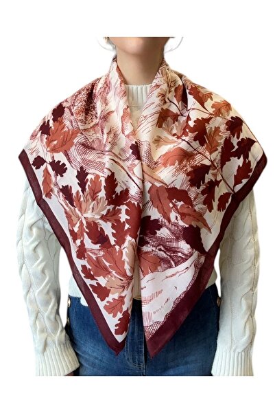 BYYEŞO Κόκκινο σάλι με λεπτομέρεια φύλλων 90*90