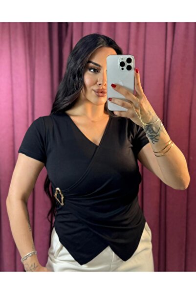 inci bayan giyim Γυναικείο χρυσό μπλουζάκι με λεπτομέρειες και κοντό μανίκι