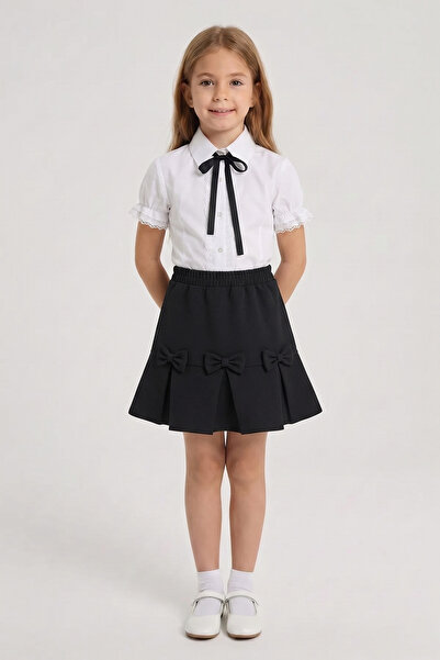 nacar çarşı Κοριτσίστικο πουκάμισο με μαύρο φιόγκο και κεντημένη δαντέλα, σετ...