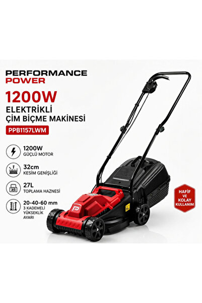 Trendinyeri Power 1200W Elektrikli Çim Biçme Makinesi 32 cm 27L Sepetli Ayarl...