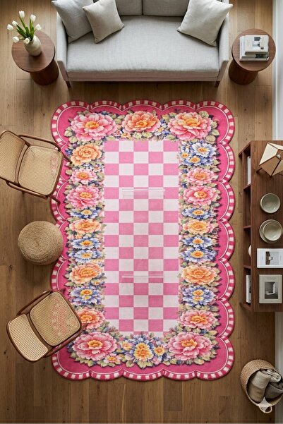 Rugs Modern Halı SDT Pembe Ekose Zeminli Çiçek Desenli Desenli Dokuma Taban D...