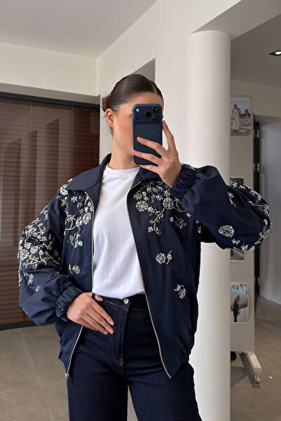 MAGARDE Εισαγόμενο Παλτό Premium με Πέτρινη Κεντητική Διακόσμηση - ΣΚΟΥΡΟ ΜΠΛΕ