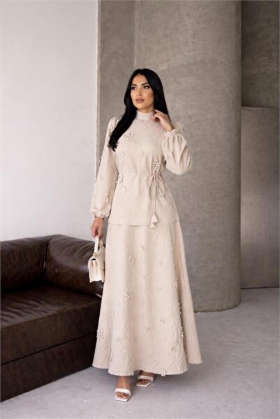 Neşeli Butik γυναικείο μπεζ λινό υφασμάτινο κοστούμι με απλικέ λουλούδια και ...