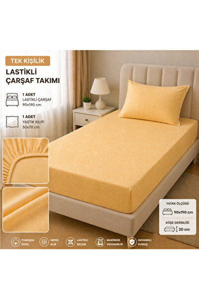 Madame Home Tek Kişilik Sarı Lastikli Çarşaf Takımı 90x190 cm + 20 cm Yüksekl...