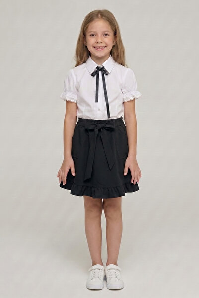 nacar çarşı Κοριτσίστικο πουκάμισο με μαύρο φιόγκο και κεντημένη δαντέλα, σετ...