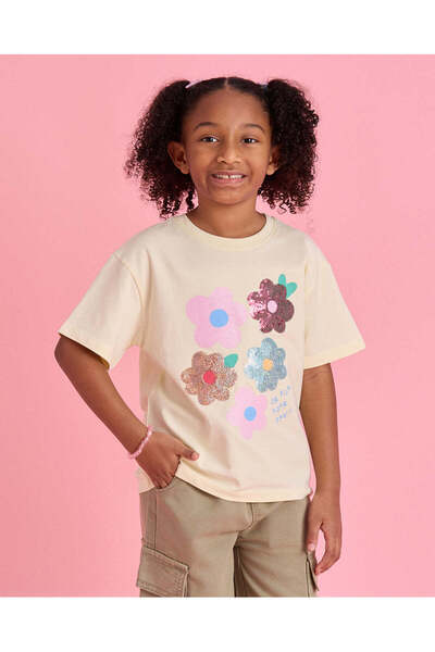 REDTAG Girls Yellow Flower With Sequins T-Shirt