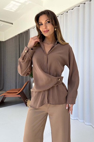 Mine Tan Butik Γυναικείο πουκάμισο από ύφασμα Tensel με λεπτομέρεια από κουμπ...