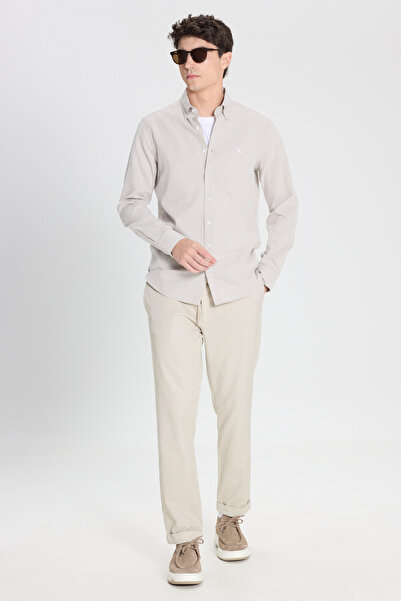 ALTINYILDIZ CLASSICS Ανδρικό μπεζ βαμβακερό παντελόνι με διαγώνιο σχέδιο, πλι...