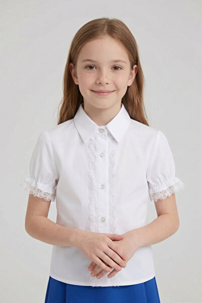 nacar çarşı Κοριτσίστικο λευκό κοντομάνικο πουκάμισο με δαντέλα