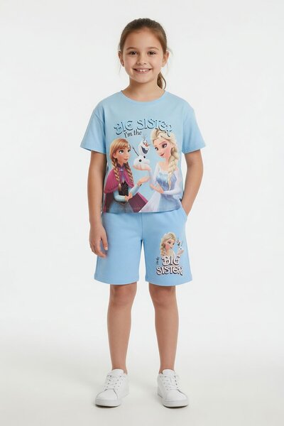 Cansın Mini Blue Snow Queen Printed Girl's T-Shirt and Shorts Set 23950