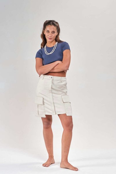 VAVIEN VAV 2012-Cepli Ekru Denim Etek