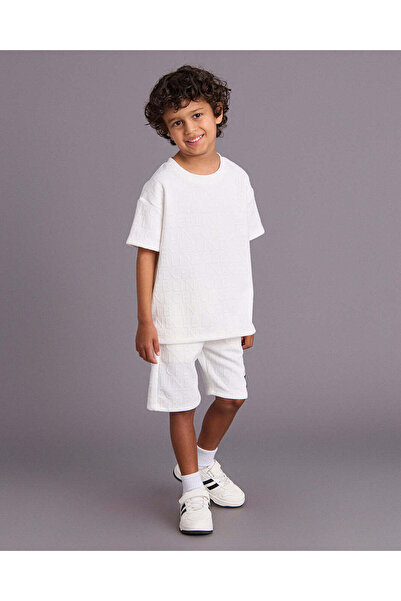 REDTAG Boys White Jacquard 2-Piece Shorts Set
