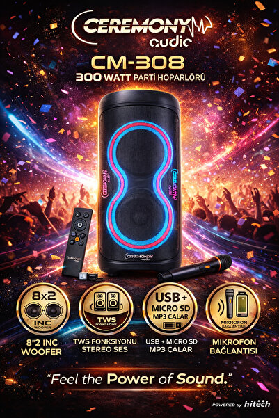ceremony audio | CM-308 | Taşınabilir Bluetooth Parti Hoparlör | 2x8 inç Woof...