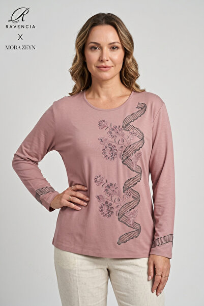 Ravencia Γυναικεία μπλούζα από βαμβακερό ύφασμα με σχέδιο βισκόζης και κεντημ...