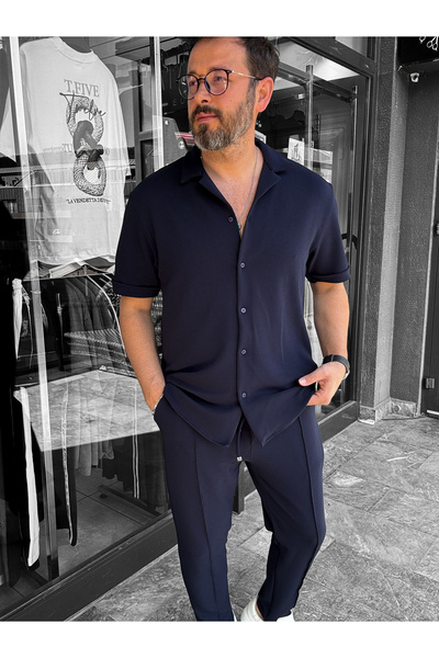 BYBASICMAN Cămașă cu guler Apaş, texturată, albastru marin LNS-9200