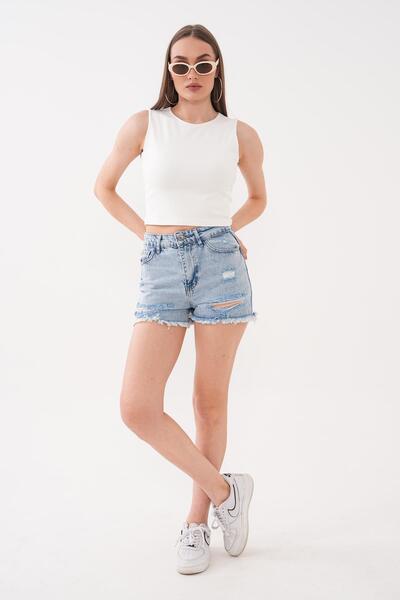ŞİMAL Women's Ripped Mini Denim Shorts 260237 -