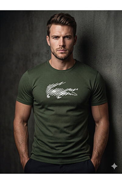 Farah Tekstil Sıfır Yaka Pamuklu, Likralı Timsah Baskılı Erkek T-shirt / Günlük