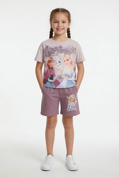 Cansın Mini Rose Dried Snow Queen Printed Girls' T-Shirt Shorts Set 23952