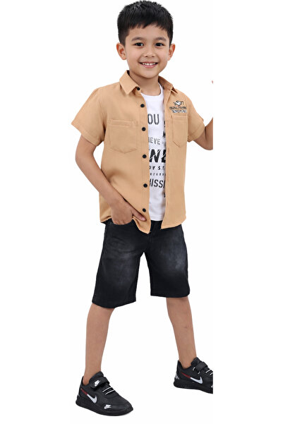 İrem Çocuk Giyim Boy's Brown Color Embroidered Linen Shirt, T-Shirt and Short...