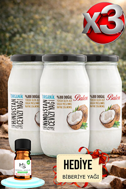 Balen 3 Adet Soğuk Sıkım Organik Hindistan Cevizi Yağı 300 G + HEDİYE BİBERİY...