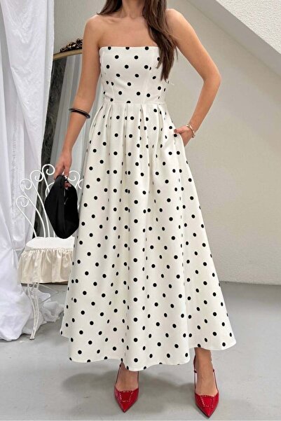 Mine Tan Butik Στράπλες Γυναικείο Φόρεμα Πουά - Λευκό