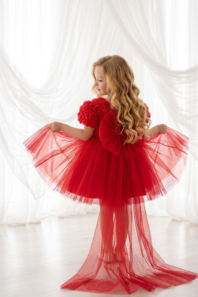 ALYRA Rochie pentru fetițe Rochie roșie de prințesă pentru fetițe, cu trandaf...