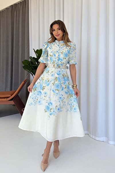 Mine Tan Butik Μακρύ φόρεμα με χρυσή ζώνη και λουλουδάτο σχέδιο - Μπλε