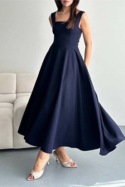 Mine Tan Butik Γυναικείο Μακρύ Φόρεμα με Τετράγωνο Γιακά από Διπλό Ύφασμα - Ν...