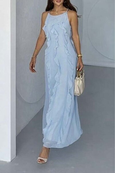 Mine Tan Butik Μακρύ γυναικείο φόρεμα με λεπτομέρεια βολάν στον λαιμό - Μπλε