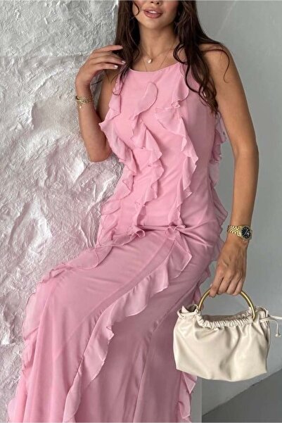 Mine Tan Butik Μακρύ γυναικείο φόρεμα με λεπτομέρεια βολάν στον λαιμό - Ροζ