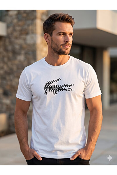 Farah Tekstil Sıfır Yaka Pamuklu, Likralı Timsah Baskılı Erkek T-shirt / Günlük