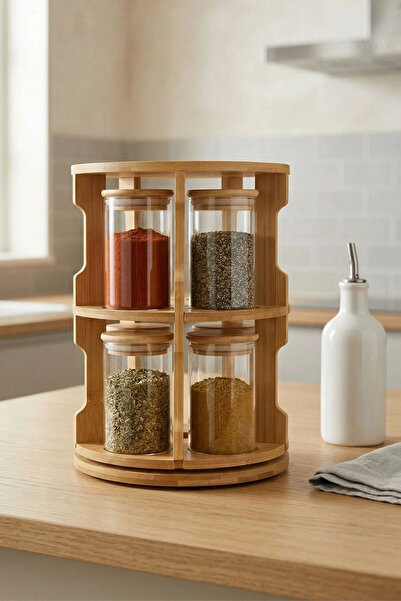 Tutku Home 10'lu Dönen Bambu Standlı Cam Baharatlık (10x250 Ml)