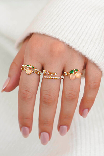 THE Steel Women's Gold Color Cherry Heart Pearl Detailed 3-Piece Ring Set