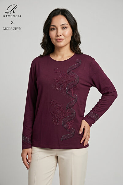 Ravencia Γυναικεία μπλούζα από βαμβακερό ύφασμα με σχέδιο βισκόζης και κεντημ...