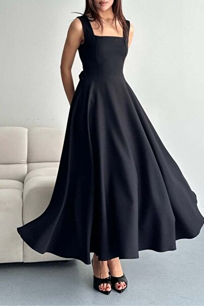 Mine Tan Butik Γυναικείο Μακρύ Φόρεμα με Τετράγωνο Γιακά από Διπλό Ύφασμα - Μ...