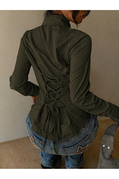 BLUE STREET Women's Corseted Shirt with Lace-Up Back, Slim Fit, Stylish Offic...