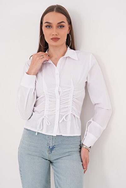 ŞİMAL Γυναικείο πουκάμισο με μακριά μανίκια και λεπτομέρεια με κορδόνι στο μπ...