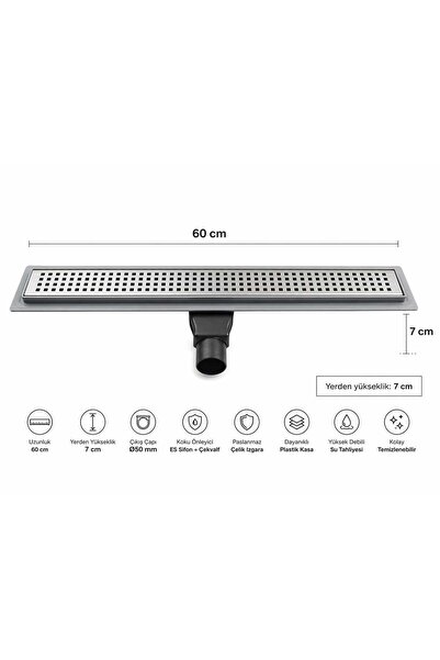 60 cm Lineer Duş Kanalı Yandan Çıkışlı – Yalıtım Etekli – Koku Önleyici – Aquaflow SüzgeçPro