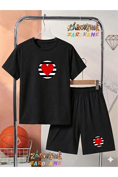 ZAROKANE Heart Printed on Round Neck Shorts/T-Shirt Summer Children's Two-Pie...