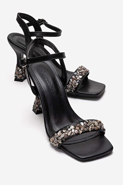 CCWAY AYAKKABI Γυναικεία πέδιλα με παπιγιόν και πέτρινο τακούνι ΜΑΥΡΟ ΔΕΡΜΑΤΙΝΟ