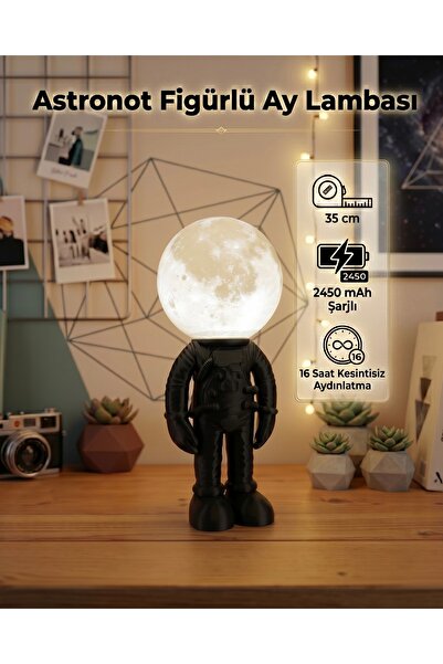 3DcraftTr Astronot Figürlü Ay Lambası 35 cm - 2450 mAh Şarjlı 16 Saat Kesinti...
