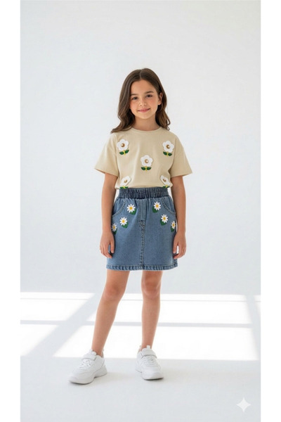 NURTOPU Set pentru fete cu fustă din denim, set cu fustă și top, broderie cu ...