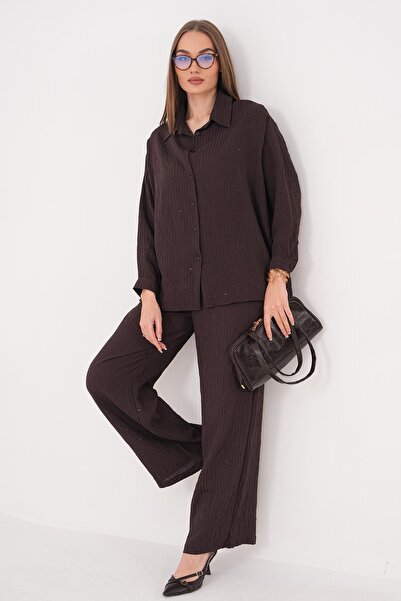 ŞİMAL Γυναικείο Σετ Παντελόνι και Μπλούζα με Πέτρινη Λεπτομέρεια Ayrobin 2605...