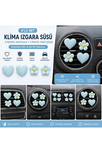 Çiçek Antalya Pastel Mavi Kalp & Çiçek Araç Klima Izgara Süsü 4’lü Set – Deko...