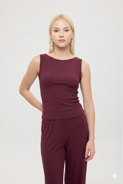 SHEISMONO Ultra Soft Boat Neck Sleeveless Blouse Burgundy