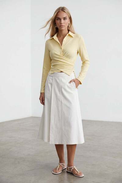 Trend Alaçatı Stili Κίτρινο λινό πουκάμισο Sofia με λεπτομέρεια δεσίματος σε ...